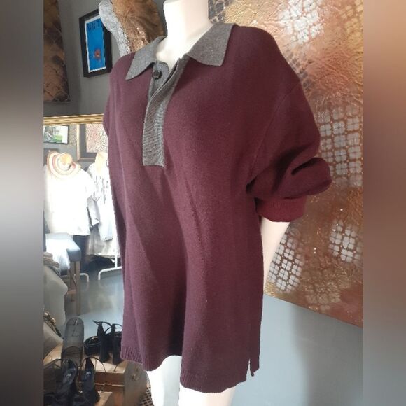 Zara Sweaters - Zara Wool Blend Burgundy Polo Style Sweater with Gray Collar
